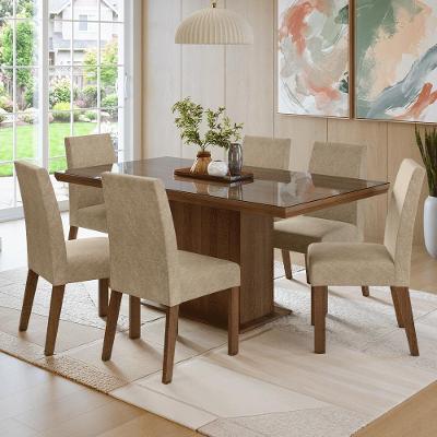 Conjunto Sala de Jantar Alba 6 Lugares Tampo em Vidro com Cadeiras Estofadas Imperial Marrom 160CM