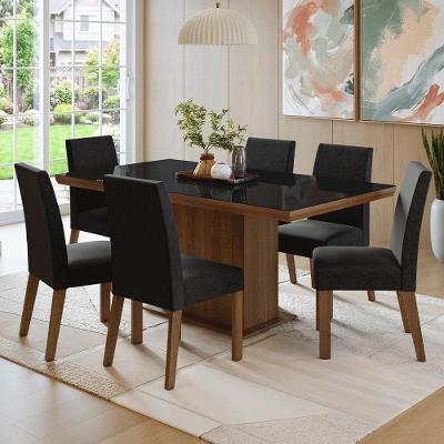 Conjunto Sala de Jantar Alba 6 Lugares Tampo em Vidro com Cadeiras Oxford Marrom 160CM Madesa