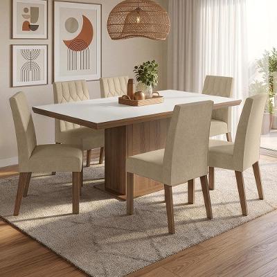 Conjunto de Jantar Luso 6 Lugares Tampo MDP Base Pedestal Amadeirado Rustic Branco Imperial 160CM