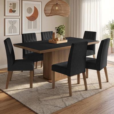 Conjunto de Jantar Luso 6 Lugares Tampo MDP Base Pedestal Marrom 160CM Madesa
