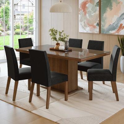 Conjunto de Jantar Alba 6 Lugares Tampo MDF com Vidro Marrom 160CM Madesa