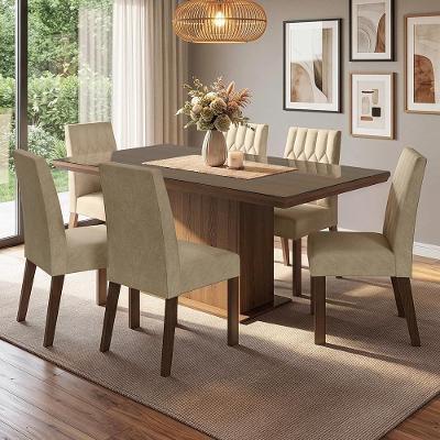 Conjunto de Jantar Dinan 6 Lugares com Tampo de Vidro Sobreposto Marrom 160CM Madesa