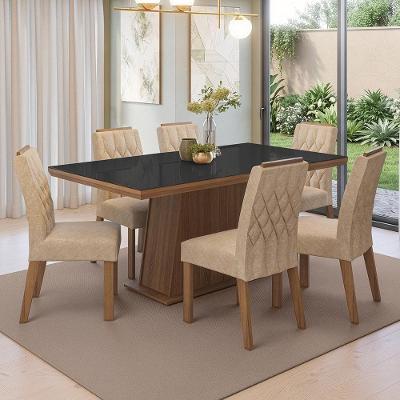 Conjunto de Jantar Colmar 6 Lugares Tampo em Vidro Base MDP Cadeiras Estofadas Marrom 160CM Madesa