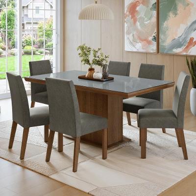 Conjunto de Jantar Alba 6 Lugares Tampo em Vidro com Cadeiras Estofadas Silver 160CM Madesa