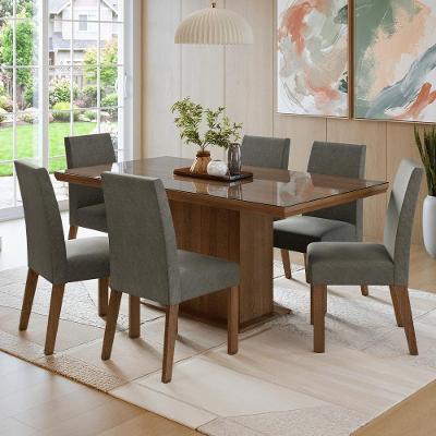 Conjunto de Jantar Alba 6 Lugares Tampo em Vidro com Moldura Marrom 160CM Madesa