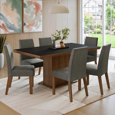 Conjunto Sala de Jantar Grasse 6 Lugares Tampo MDP Base Pedestal Rustic Preto e Silver 160CM Madesa