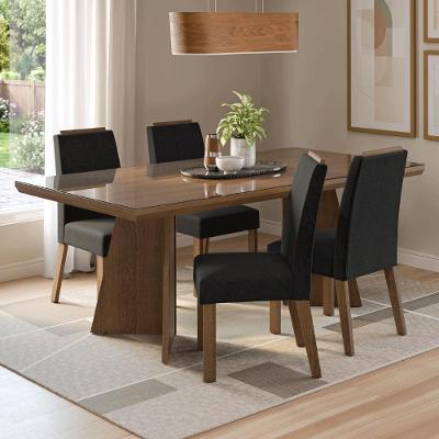 Conjunto Sala de Jantar Todi 4 Lugares Tampo em Vidro Oxford Marrom 160CM Madesa