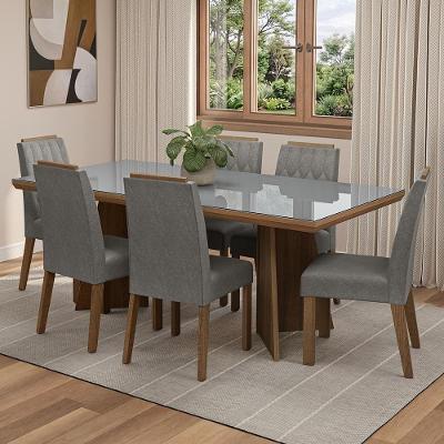 Conjunto Sala de Jantar Pienza 6 Lugares Tampo em Vidro Rustic-Cinza-Silver com Pés Trapézio 160CM