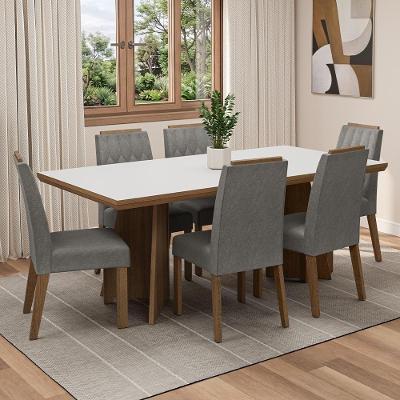 Conjunto Sala de Jantar Sarlat 6 Lugares Tampo MDP Pés Trapézio Rustic Branco Silver 160CM Madesa
