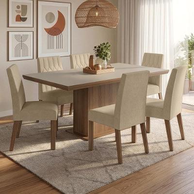 Conjunto Sala de Jantar Luso 6 Lugares Tampo MDP Base Pedestal Marrom 160CM Madesa