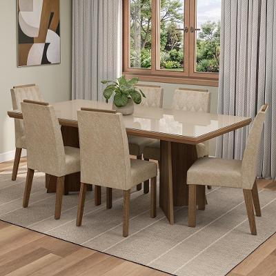 Conjunto Sala de Jantar Pienza 6 Lugares Tampo em Vidro Cadeiras Estofadas Imperial 160CM Madesa