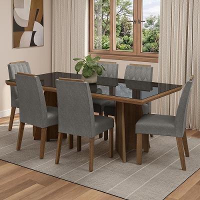Conjunto Sala de Jantar Pienza 6 Lugares Tampo em Vidro Rustic Preto e Cadeiras Silver 160CM Madesa