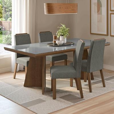 Conjunto Sala de Jantar Todi 4 Lugares Tampo em Vidro Base Trapézio Rustic Cinza Silver 160CM Madesa