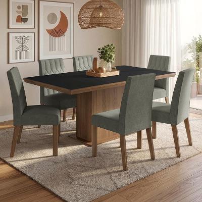 Conjunto Sala de Jantar Luso 6 Lugares Tampo em MDP Rustic Preto e Silver 160CM Madesa