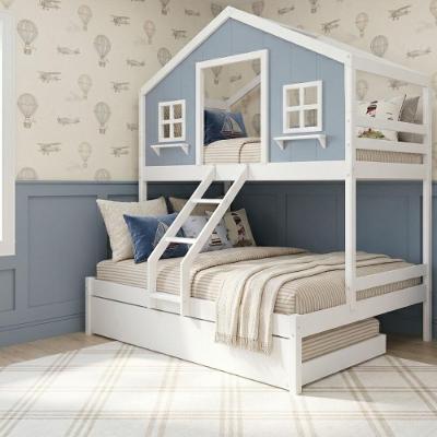 Treliche Casal e Solteiro Casinha dos Sonhos com Escada e Cama Auxiliar Madeira Maciça Branco e Azul