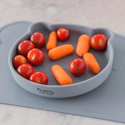Prato Alimentação Infantil Urso em Silicone com Ventosa Forte para BLW Cinza Freso
