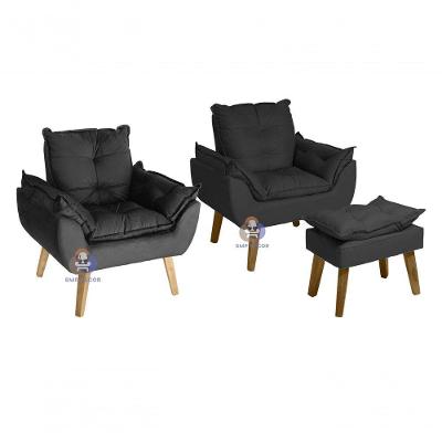 Kit 2 Poltronas Opala com Puff Suede Fibra Siliconada Confortável Preta SMF Decor