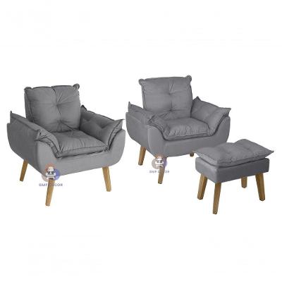 Kit 2 Poltronas Opala Decorativas Suede com Fibra Siliconada Confortável Cinza SMF Decor