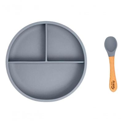 Kit Prato e Colher com Divisórias e Ventosa em Silicone e Bambu Cinza Freso