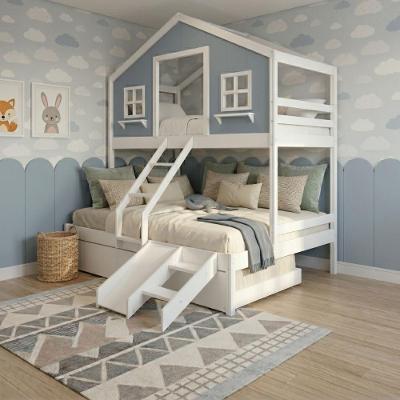 Beliche Casal Infantil Casinha dos Sonhos com Escorregador Madeira Maciça Branco e Azul