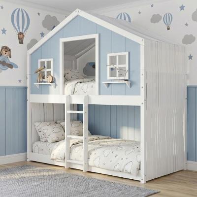 Cama Montessoriana Casal Casinha dos Sonhos com Escada e Cortina Madeira Maciça Branco e Azul Housin