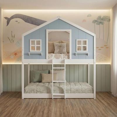 Cama Montessoriana Casal Casinha dos Sonhos com Escada Madeira Maciça Branco e Azul Housin