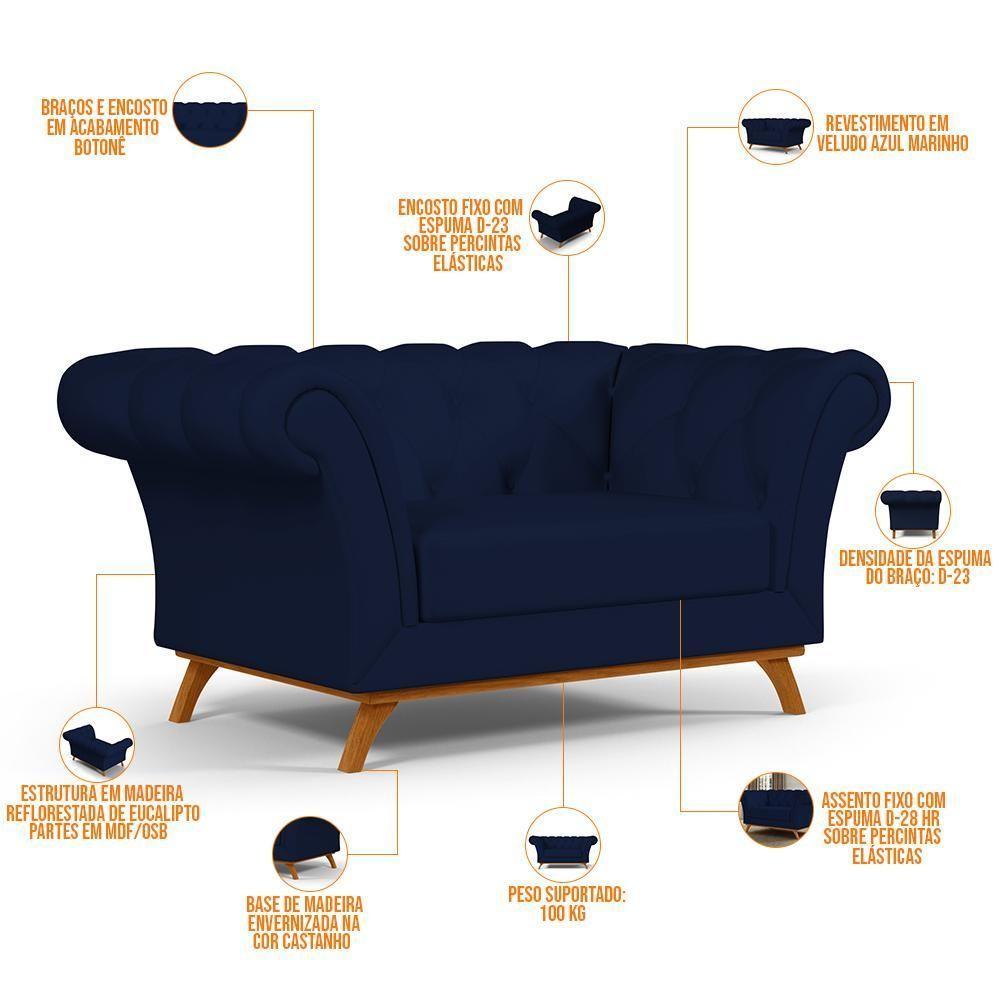 Sofá 2 Lugares Império 150 Cm Veludo Azul Marinho C-287 - 5