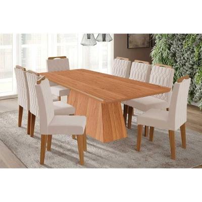 Conjunto Jantar Helena 8 Lugares Tampo Madeirado com Cadeiras Suede Nude Bege 210X100CM Cimol Móveis
