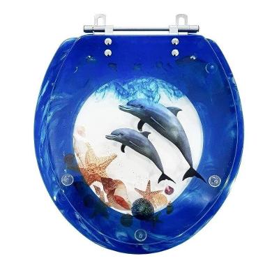 Assento Sanitário Golfinhos e Conchas Oval Poliéster Parafusado Convencional Azul 40CM