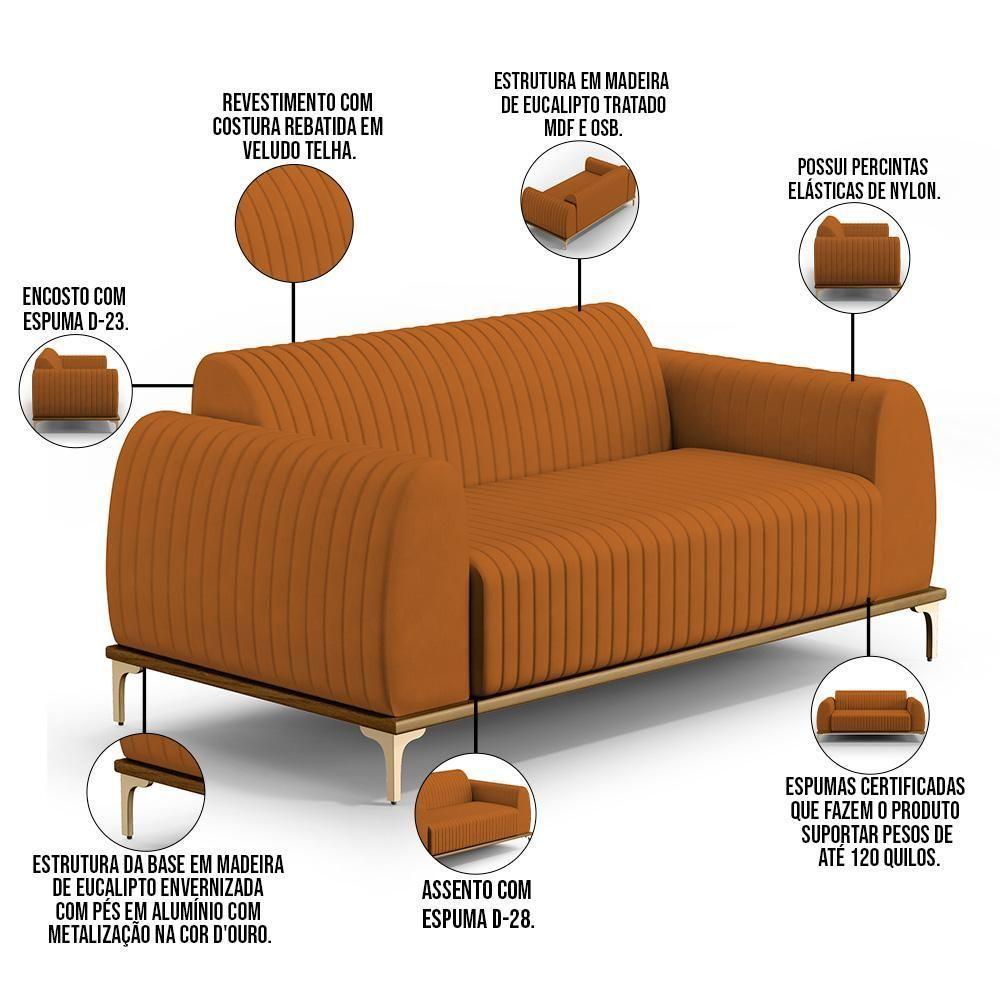 Sofá 2 Lugares Molino 150 Cm Pés D'ouro Veludo Telha C-262 - 6