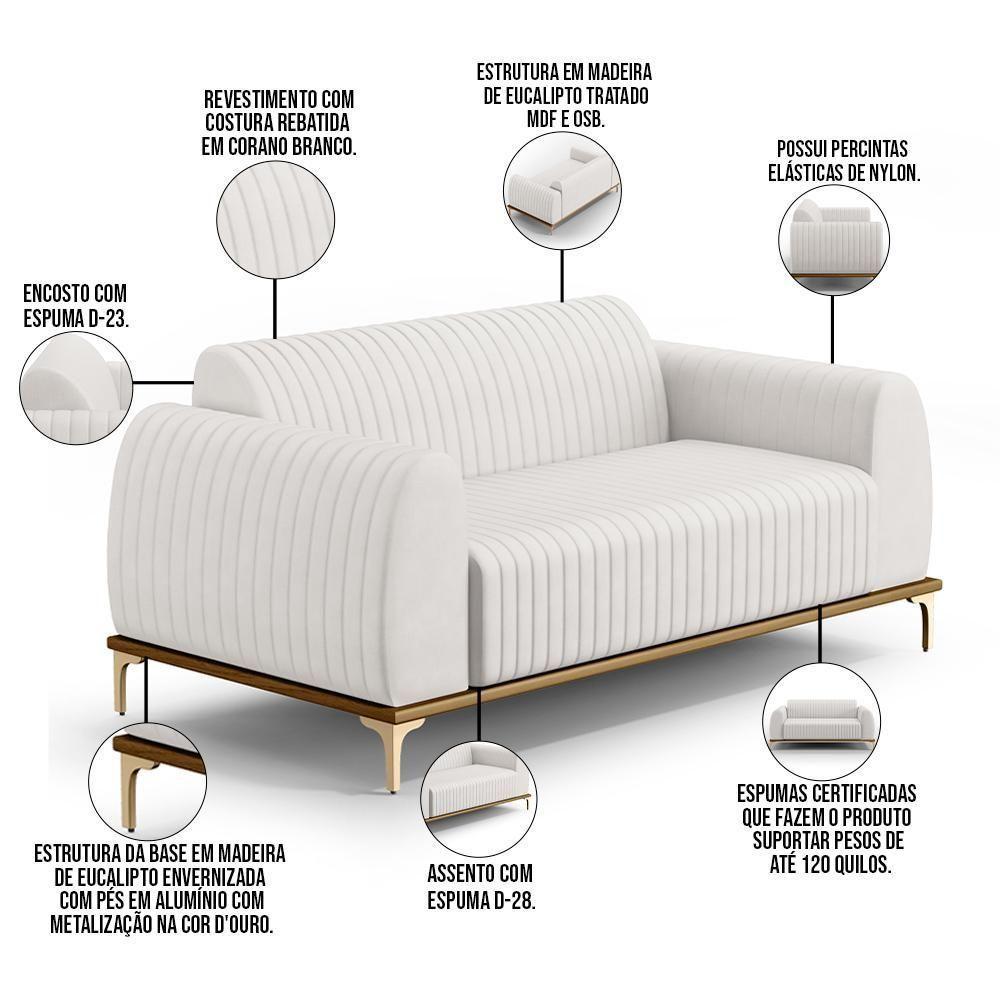 Sofá 2 Lugares Molino 150 Cm Pés D'ouro Corano Branco C-12 - 5