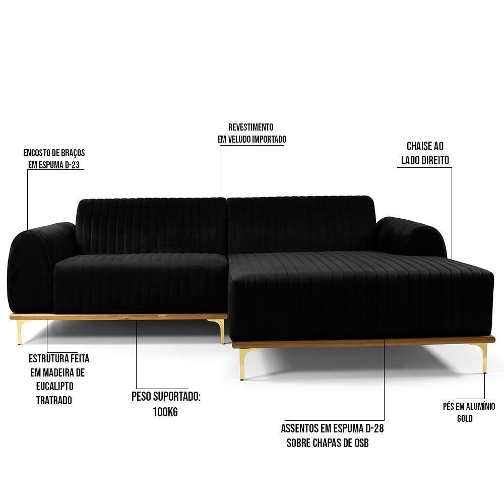 Sofá 3 Lugares Com Chaise Molino 245 Cm Veludo Preto C-300 - 6
