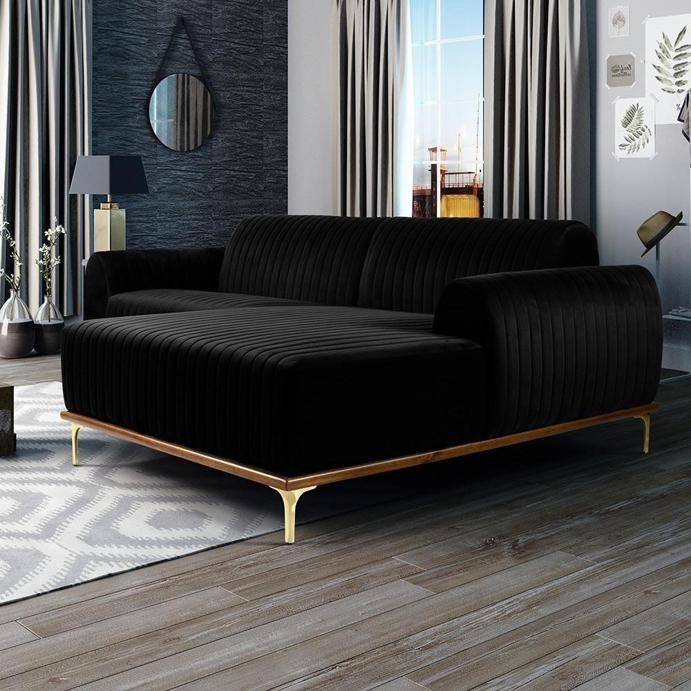 Sofá 3 Lugares Com Chaise Molino 245 Cm Veludo Preto C-300 - 7