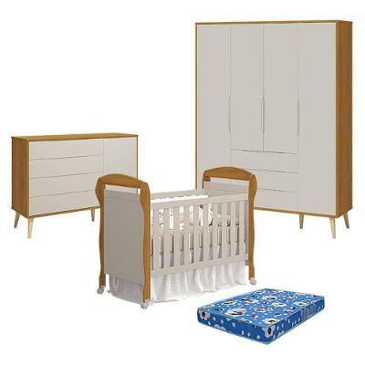 Quarto de Bebê Elfe Retrô com Guarda Roupa 4 Portas Cômoda 3 Gavetas Berço Danny Colchão Ortobom