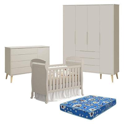 Quarto de Bebê Elfe Retrô com Guarda Roupa 4 Portas e Cômoda e Berço Danny e Colchão 7 Gavetas MDF