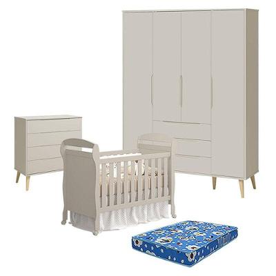 Quarto de Bebê Elfe Retrô e Berço Danny 4 Portas 3 Gavetas MDF 120CM Bege Reller Móveis