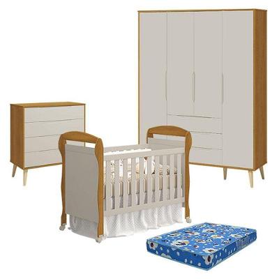 Quarto de Bebê Elfe Retrô e Berço Danny 4 Portas 3 Gavetas MDF Areia Savana Natural Reller 120CM