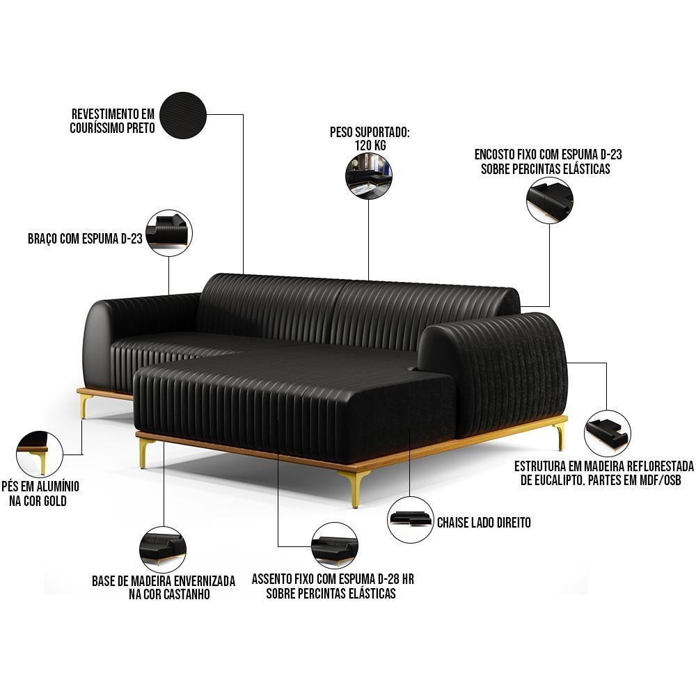 Sofá 3 Lugares Com Chaise Direito Sala De Estar 245cm Preto - 5