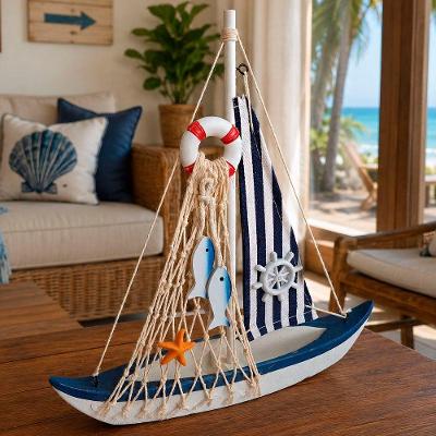 Decoração Barco Miniatura Náutica para Casa Praia em MDF Azul Artesanal