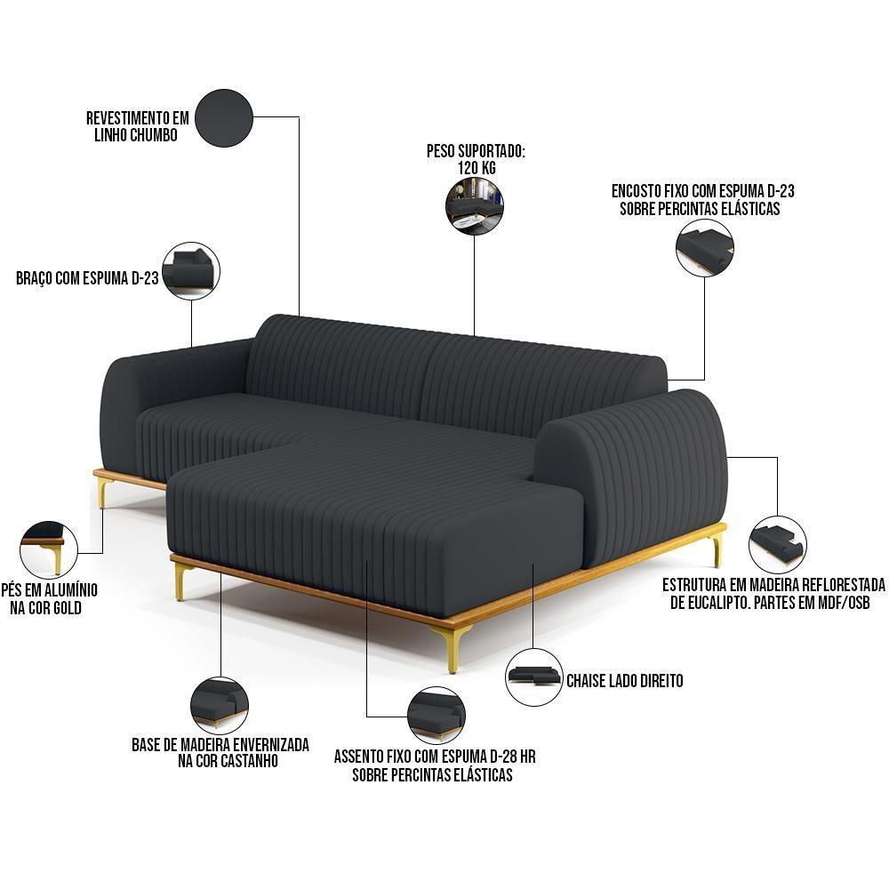 Sofá 3 Lugares Com Chaise Direito 245cm Chumbo - 7