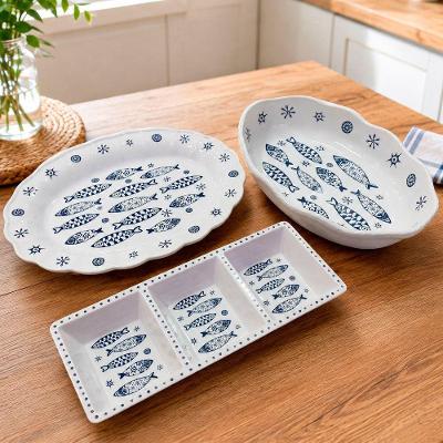 Jogo Travessa Peixe Petisqueira em Melamina Kit 3 Peças Resistente para Aperitivos Branco