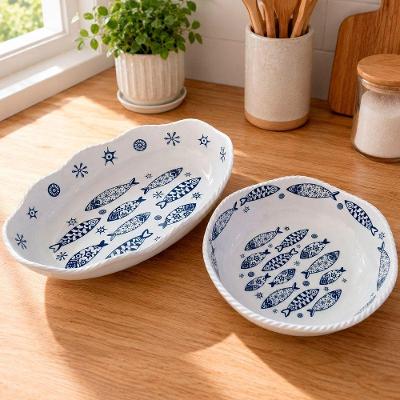 Jogo de Travessa Saladeira Peixe em Melamina Kit 2 Peças 3,5L Resistente para Petiscos Branco