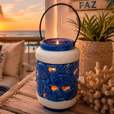 Porta Velas Tartarugas Marinha Decoração Cerâmica Azul Porta Rio