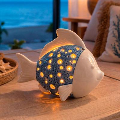 Porta Velas Mesa Peixe Decoração Náutica Tropical Enfeite Casa em Cerâmica Azul 14CM