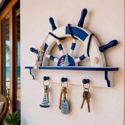 Porta Chaves Cabideiro Timão Decorativo Estilo Náutico Azul e Branco