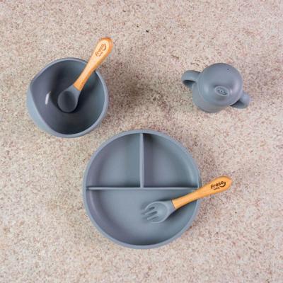 Kit Alimentação de Bebê Freso Baby Silicone com Ventosa Livre de BPA Cinza