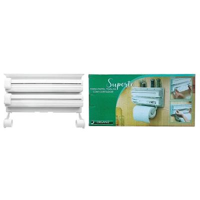 Suporte de Parede Triplo 3 em 1 para Papel Toalha Filme PVC e Alumínio com Cortador Branco Ke Home