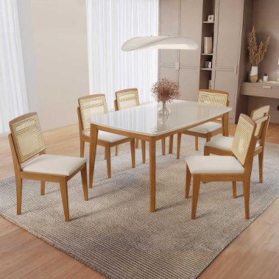Conjunto Condessa 6 Lugares Tampo em Vidro com Estrutura Eucalipto Off White 160X90CM Nesher Móveis