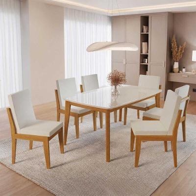 Conjunto Condessa 6 Lugares Tampo em Vidro com Cadeiras em Tecido Linho Off White 160X90CM Nesher