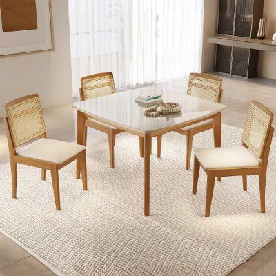 Conjunto Condessa 4 Lugares Tampo em Vidro com Estrutura Eucalipto Off White 109X109CM Nesher Móveis